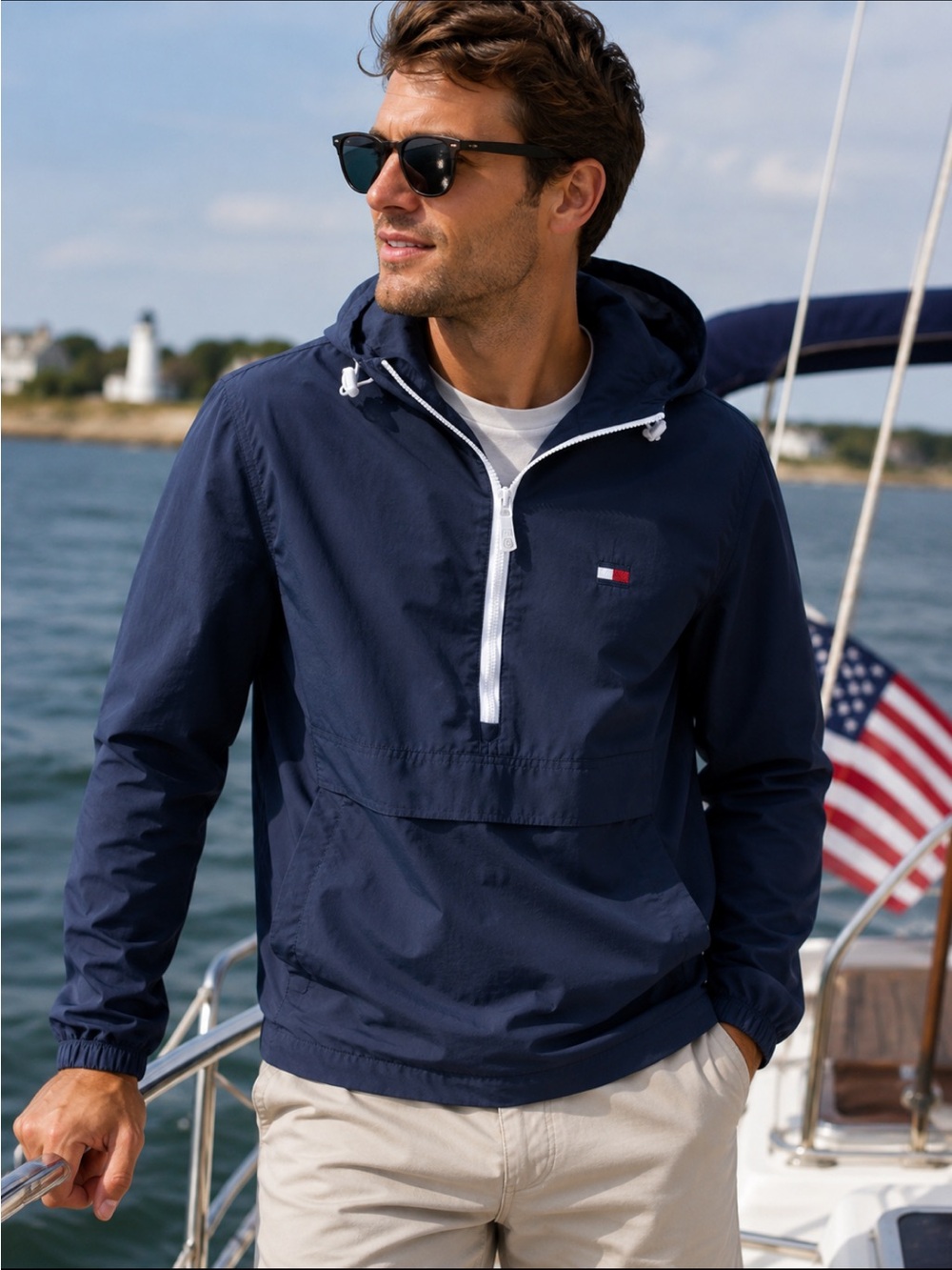 Tommy Hilfiger Navy Hooded Half-Zip Nylon Windbreaker. Men’s size L.  EUC